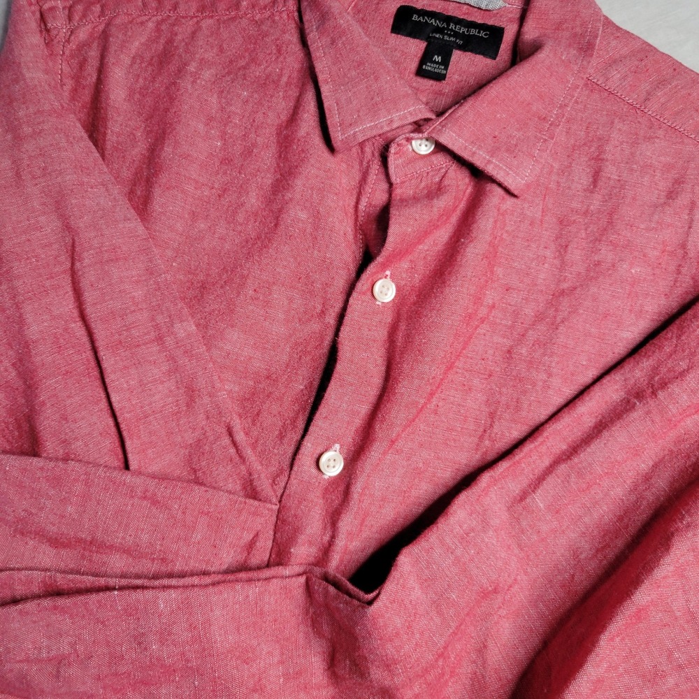 Banana Republic Mens Linen Cotton Slim Fit Button Down Shirt Red Medium